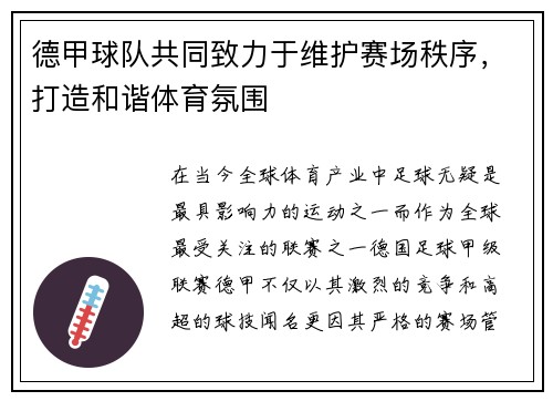 德甲球队共同致力于维护赛场秩序，打造和谐体育氛围